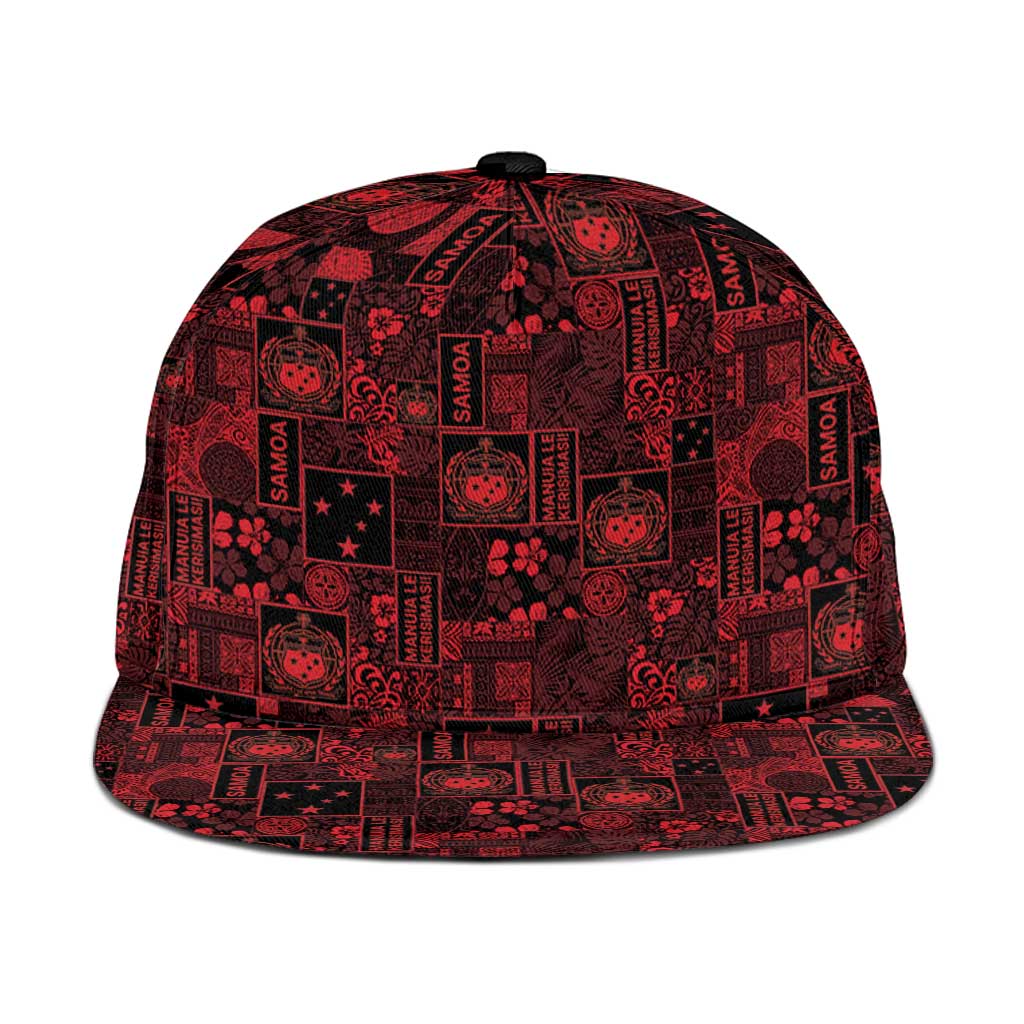 Dark Samoa Manuia Le Kerisimasi Snapback Cap Pacific Patchwork Xmas Vibes - Polynesian Pride