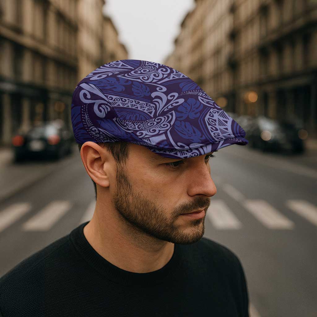 Deep Blue Monstera Jeff Hat Polynesian Tribal Pattern - Polynesian Pride