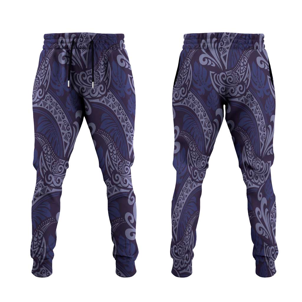 Deep Blue Monstera Jogger Pants Polynesian Tribal Pattern - Polynesian Pride