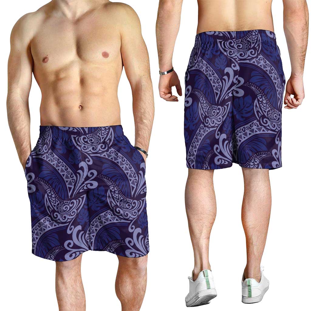 Deep Blue Monstera Shorts for Men Polynesian Tribal Pattern - Polynesian Pride