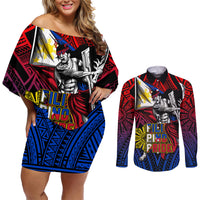Filipinos Lapu-lapu Hero Couples Matching Off Shoulder Short Dress and Long Sleeve Button Shirt Philippines Flag and Sun DT02 Art - Polynesian Pride