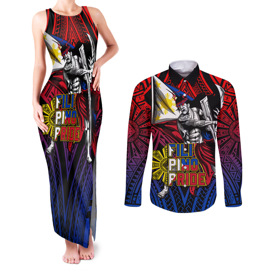 Filipinos Lapu-lapu Hero Couples Matching Tank Maxi Dress and Long Sleeve Button Shirt Philippines Flag and Sun DT02 Art - Polynesian Pride