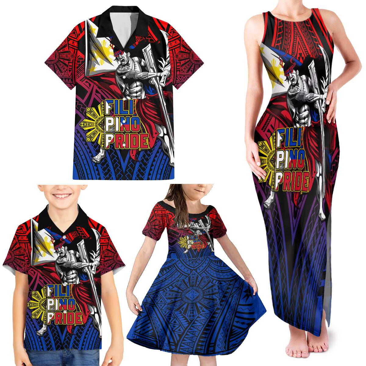 Filipinos Lapu-lapu Hero Family Matching Tank Maxi Dress and Hawaiian Shirt Philippines Flag and Sun DT02 - Polynesian Pride
