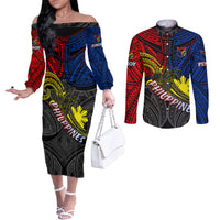 Philippines Half Sleeve Tattoo Couples Matching Off The Shoulder Long Sleeve Dress and Long Sleeve Button Shirt Pinoy Filipinos Sun DT02 Art - Polynesian Pride
