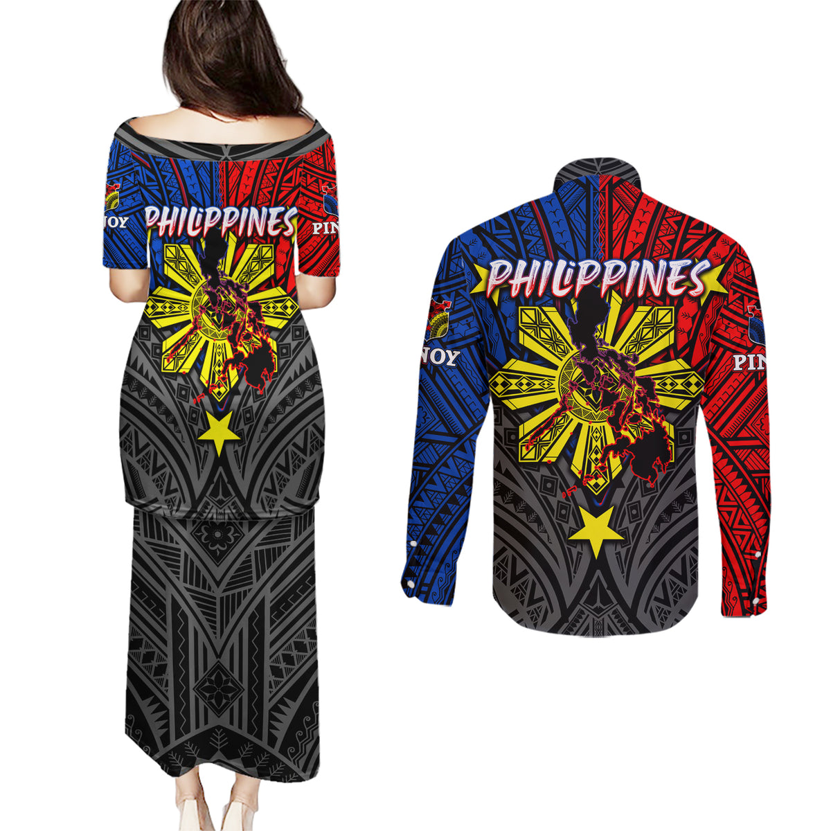 Philippines Half Sleeve Tattoo Couples Matching Puletasi Dress and Long Sleeve Button Shirt Pinoy Filipinos Sun DT02 - Polynesian Pride