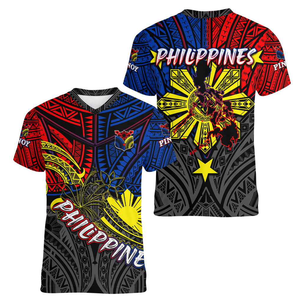 Philippines Half Sleeve Tattoo Women V Neck T Shirt Pinoy Filipinos Sun DT02 - Polynesian Pride