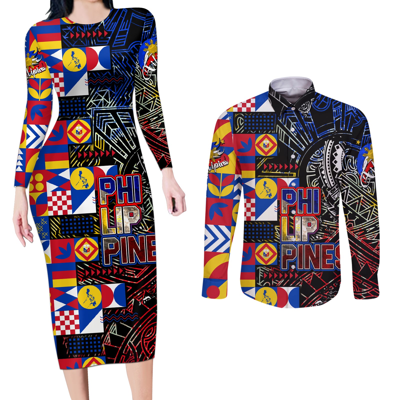 Pinoy Philippines Couples Matching Long Sleeve Bodycon Dress and Long Sleeve Button Shirt Filipino Tattoo Art Style DT02 Art - Polynesian Pride