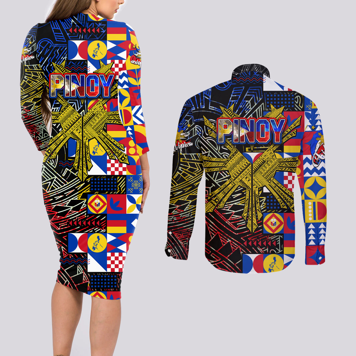 Pinoy Philippines Couples Matching Long Sleeve Bodycon Dress and Long Sleeve Button Shirt Filipino Tattoo Art Style DT02 - Polynesian Pride
