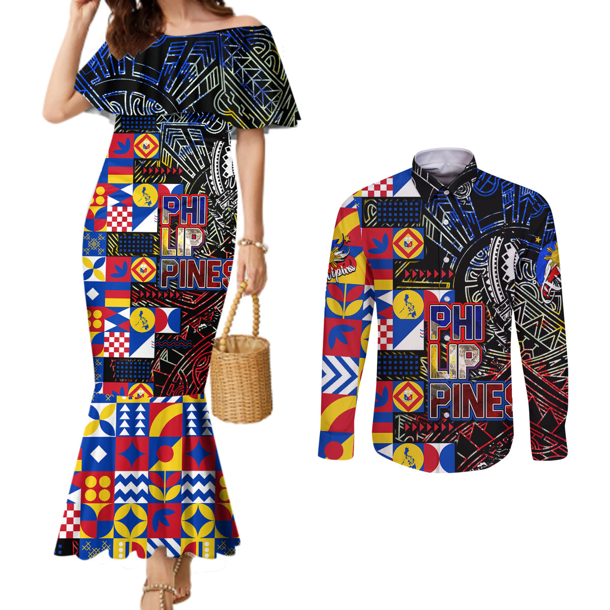 Pinoy Philippines Couples Matching Mermaid Dress and Long Sleeve Button Shirt Filipino Tattoo Art Style DT02 Art - Polynesian Pride