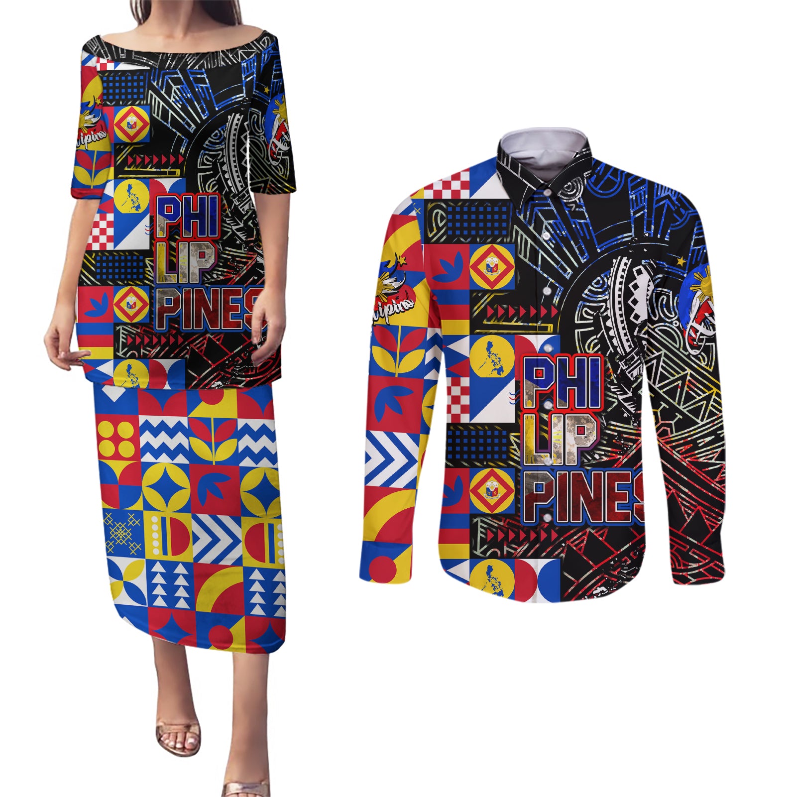 Pinoy Philippines Couples Matching Puletasi Dress and Long Sleeve Button Shirt Filipino Tattoo Art Style DT02 Art - Polynesian Pride