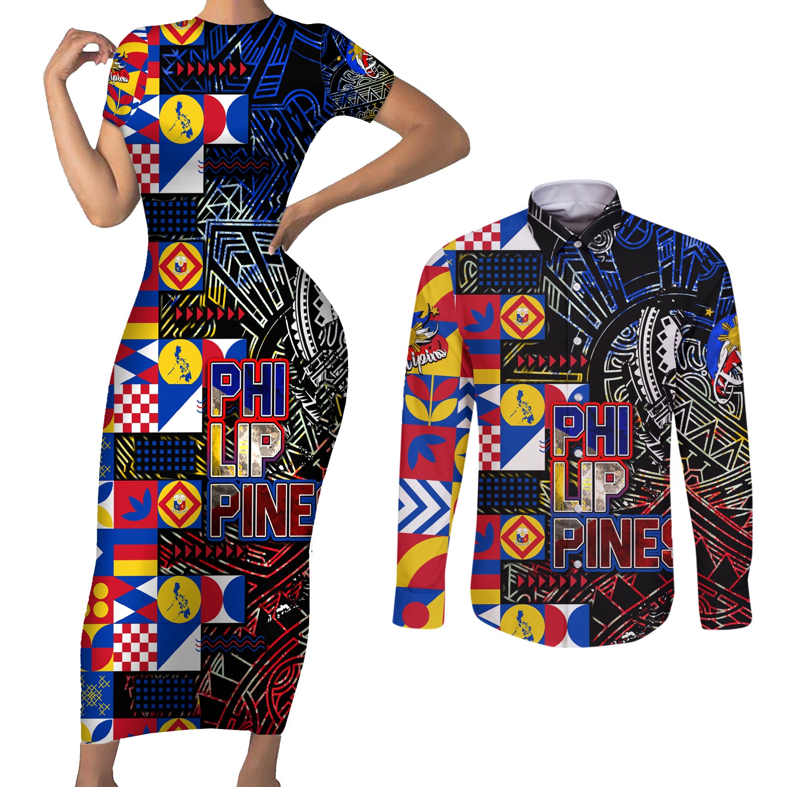Pinoy Philippines Couples Matching Short Sleeve Bodycon Dress and Long Sleeve Button Shirt Filipino Tattoo Art Style DT02 Art - Polynesian Pride