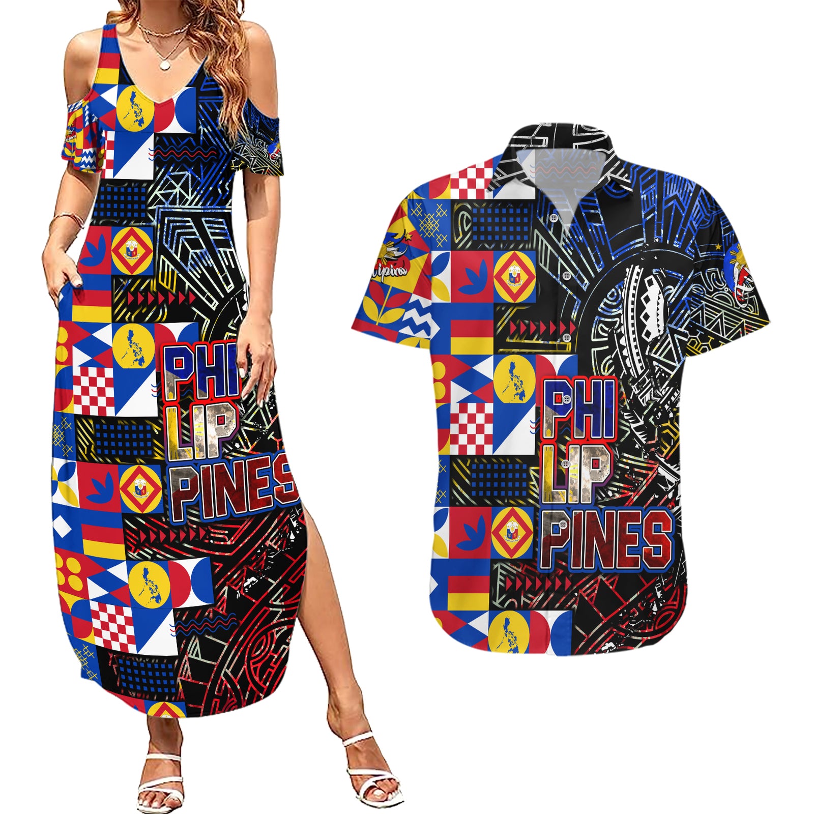 Pinoy Philippines Couples Matching Summer Maxi Dress and Hawaiian Shirt Filipino Tattoo Art Style DT02 Art - Polynesian Pride