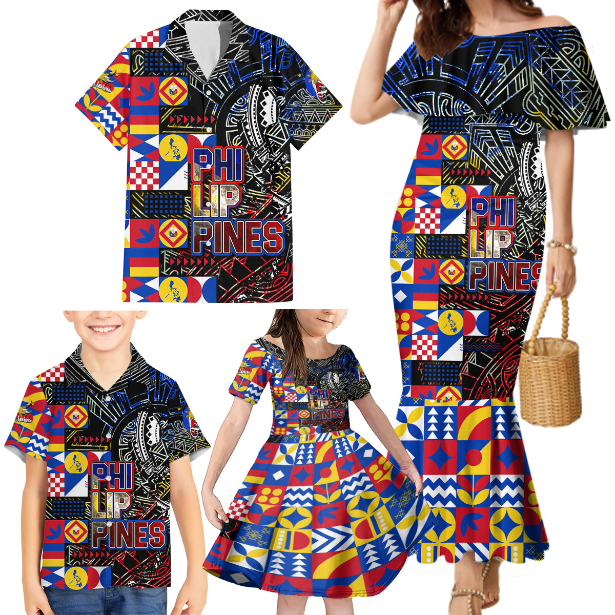 Pinoy Philippines Family Matching Mermaid Dress and Hawaiian Shirt Filipino Tattoo Art Style DT02 - Polynesian Pride