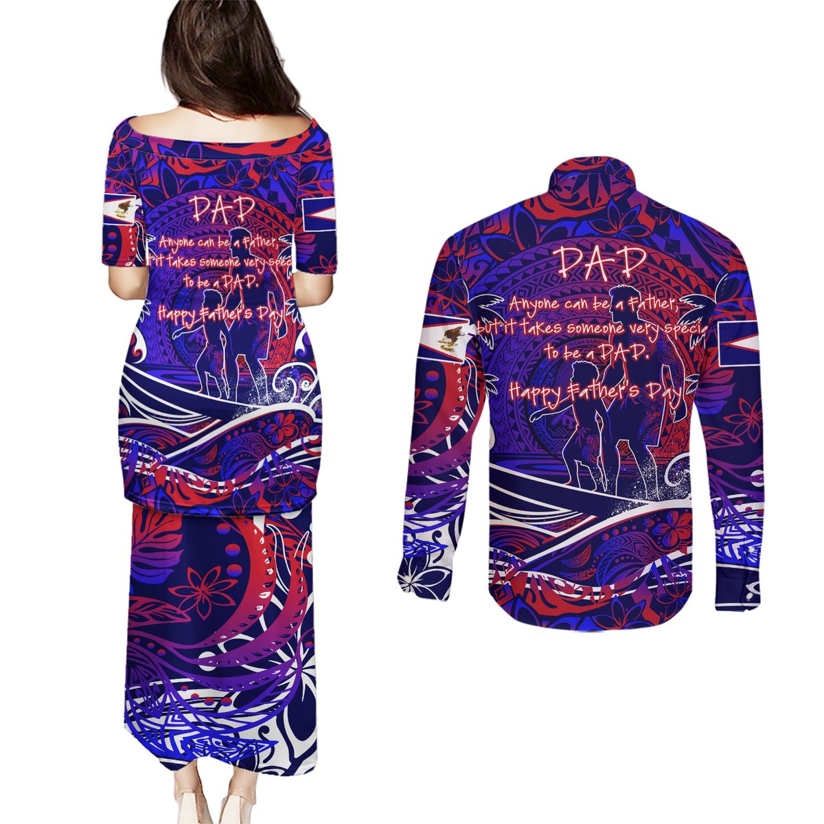 Father's Day American Samoa Couples Matching Puletasi and Long Sleeve Button Shirt Special Dad Polynesia Paradise