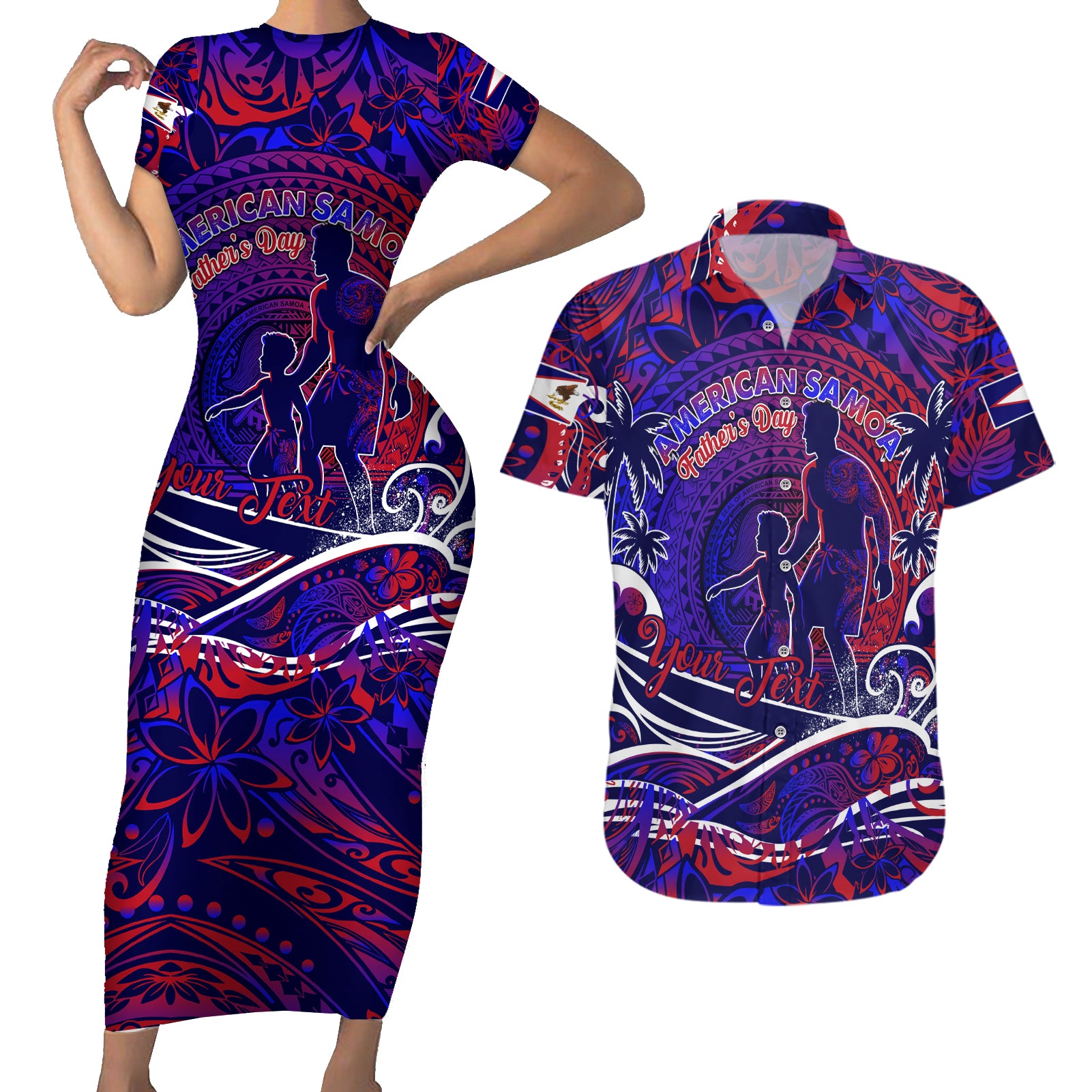 Father's Day American Samoa Couples Matching Short Sleeve Bodycon Dress and Hawaiian Shirt Special Dad Polynesia Paradise