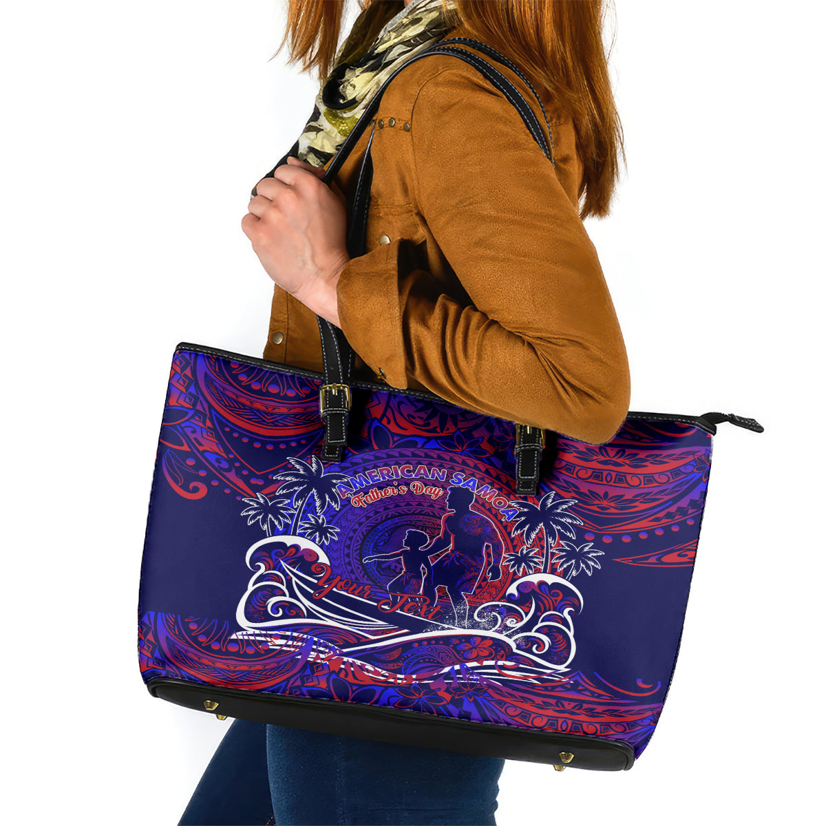 Father's Day American Samoa Leather Tote Bag Special Dad Polynesia Paradise DT02 Blue - Polynesian Pride