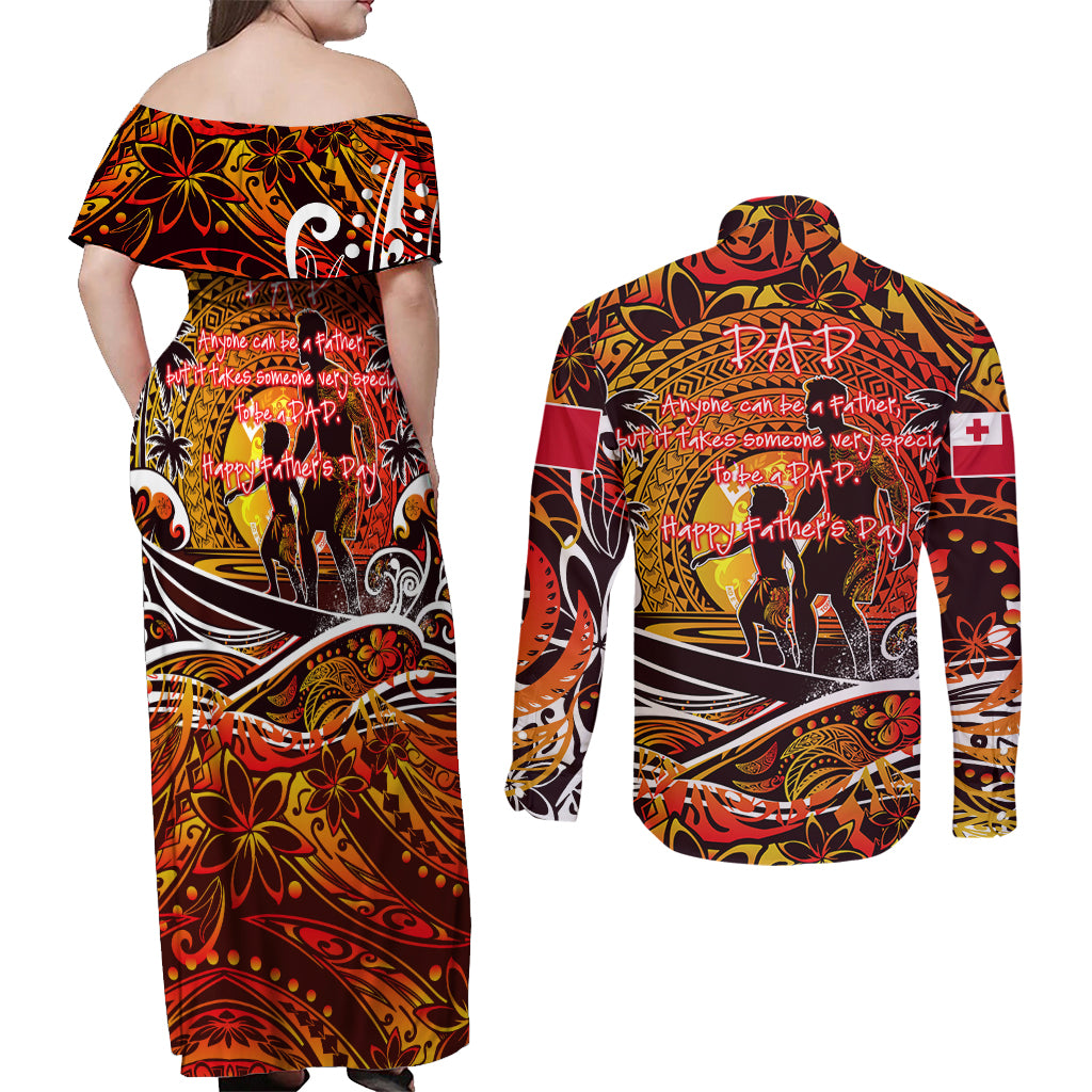 Father's Day Tonga Couples Matching Off Shoulder Maxi Dress and Long Sleeve Button Shirt Special Dad Polynesia Paradise