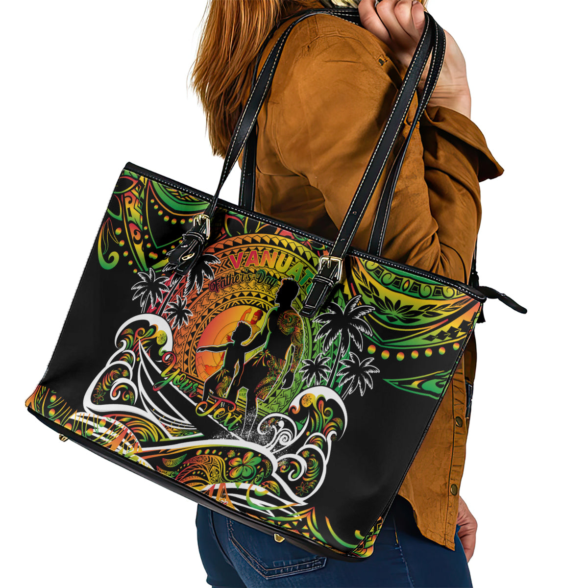 Father's Day Vanuatu Leather Tote Bag Special Dad Polynesia Paradise DT02 - Polynesian Pride