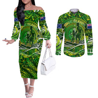 Father's Day Cook Islands Couples Matching Off The Shoulder Long Sleeve Dress and Long Sleeve Button Shirt Special Dad Polynesia Paradise DT02 Green - Polynesian Pride
