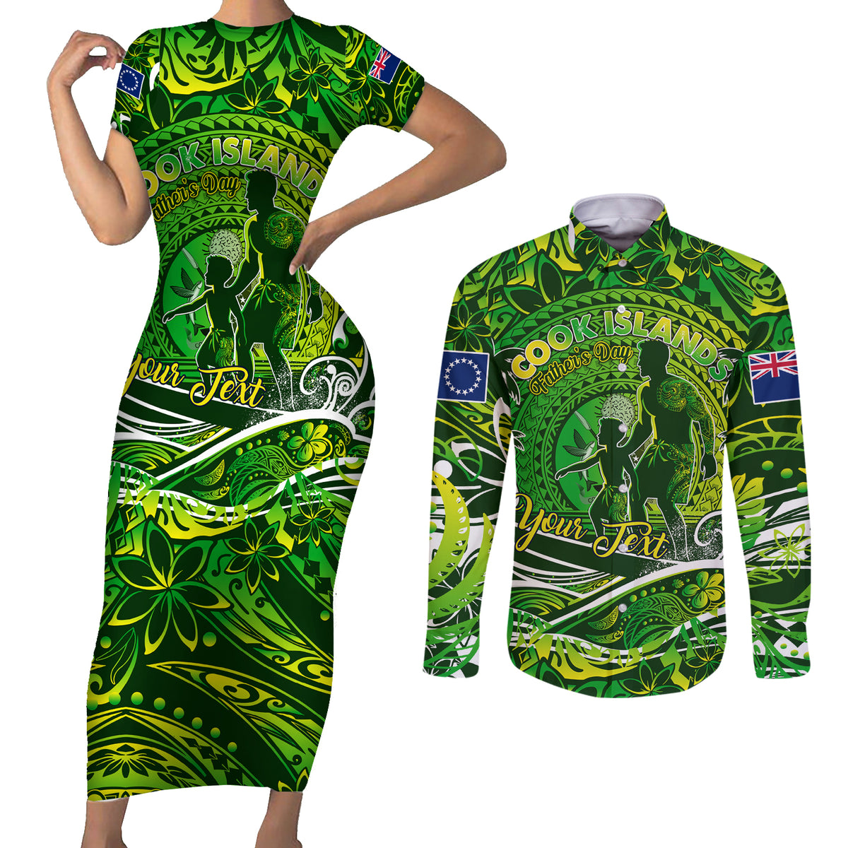 Father's Day Cook Islands Couples Matching Short Sleeve Bodycon Dress and Long Sleeve Button Shirt Special Dad Polynesia Paradise DT02 Green - Polynesian Pride