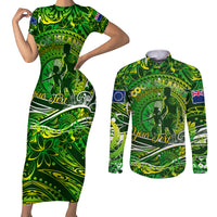 Father's Day Cook Islands Couples Matching Short Sleeve Bodycon Dress and Long Sleeve Button Shirt Special Dad Polynesia Paradise DT02 Green - Polynesian Pride
