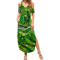 Father's Day Cook Islands Family Matching Summer Maxi Dress and Hawaiian Shirt Special Dad Polynesia Paradise DT02 Mom's Dress Green - Polynesian Pride