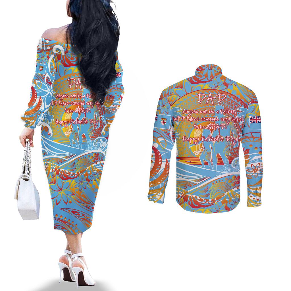 Father's Day Fiji Couples Matching Off The Shoulder Long Sleeve Dress and Long Sleeve Button Shirt Special Dad Polynesia Paradise