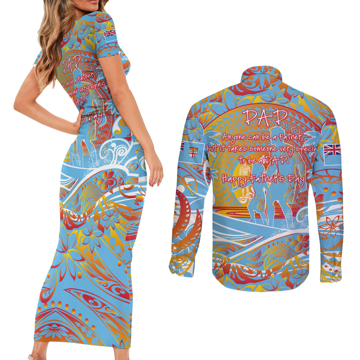 Father's Day Fiji Couples Matching Short Sleeve Bodycon Dress and Long Sleeve Button Shirt Special Dad Polynesia Paradise