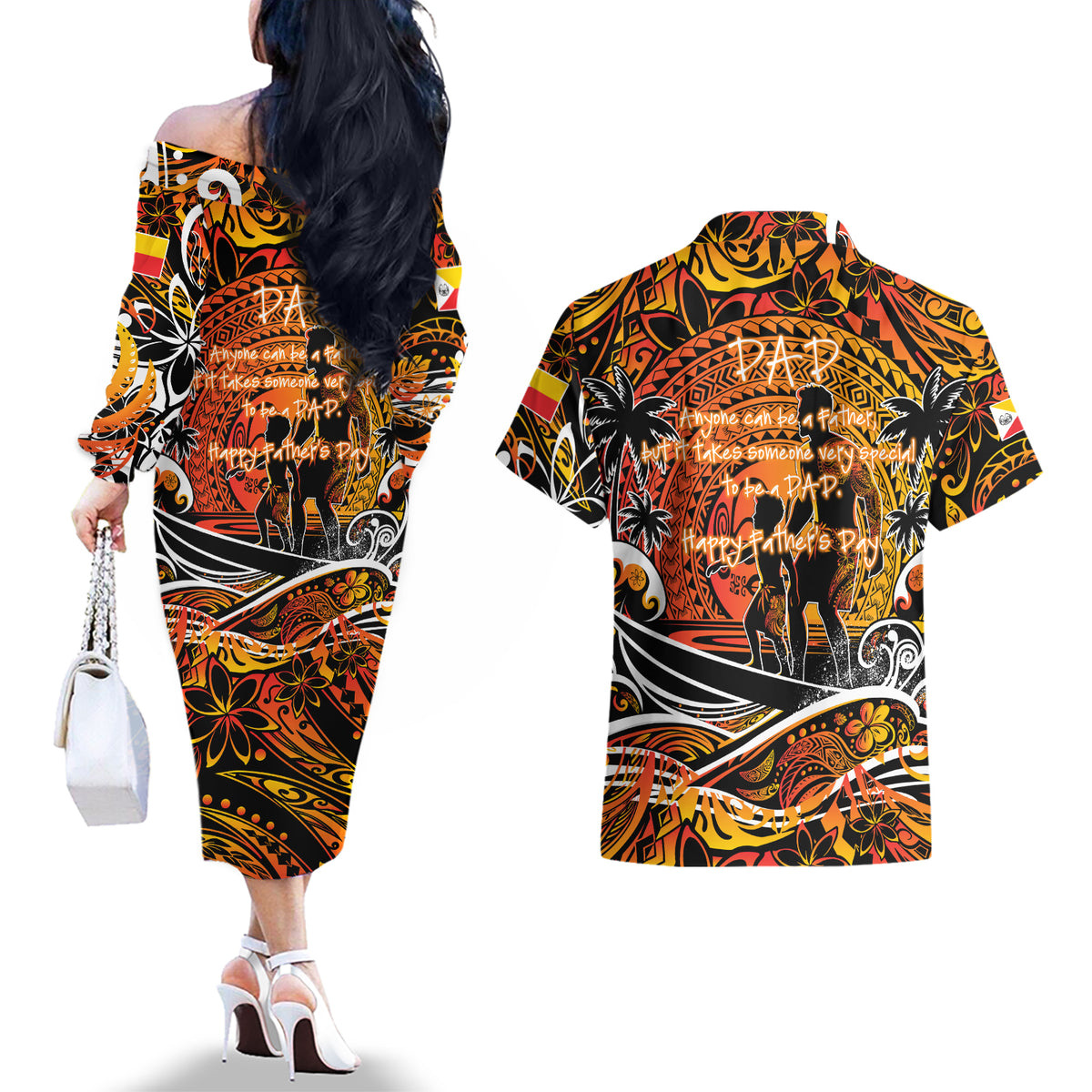 Father's Day Marquesas Islands Couples Matching Off The Shoulder Long Sleeve Dress and Hawaiian Shirt Special Dad Polynesia Paradise