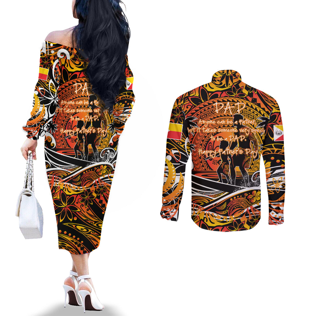 Father's Day Marquesas Islands Couples Matching Off The Shoulder Long Sleeve Dress and Long Sleeve Button Shirt Special Dad Polynesia Paradise