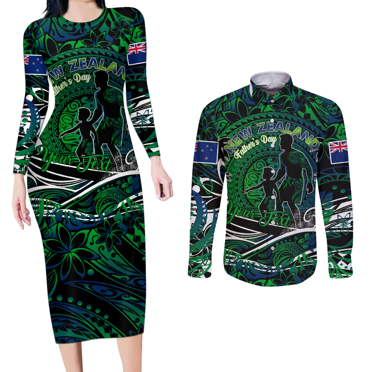 Father's Day New Zealand Couples Matching Long Sleeve Bodycon Dress and Long Sleeve Button Shirt Special Dad Polynesia Paradise DT02 Green - Polynesian Pride