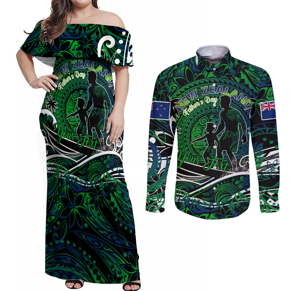 Father's Day New Zealand Couples Matching Off Shoulder Maxi Dress and Long Sleeve Button Shirt Special Dad Polynesia Paradise DT02 Green - Polynesian Pride