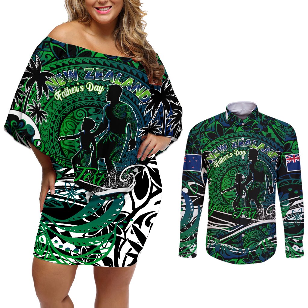 Father's Day New Zealand Couples Matching Off Shoulder Short Dress and Long Sleeve Button Shirt Special Dad Polynesia Paradise DT02 Green - Polynesian Pride