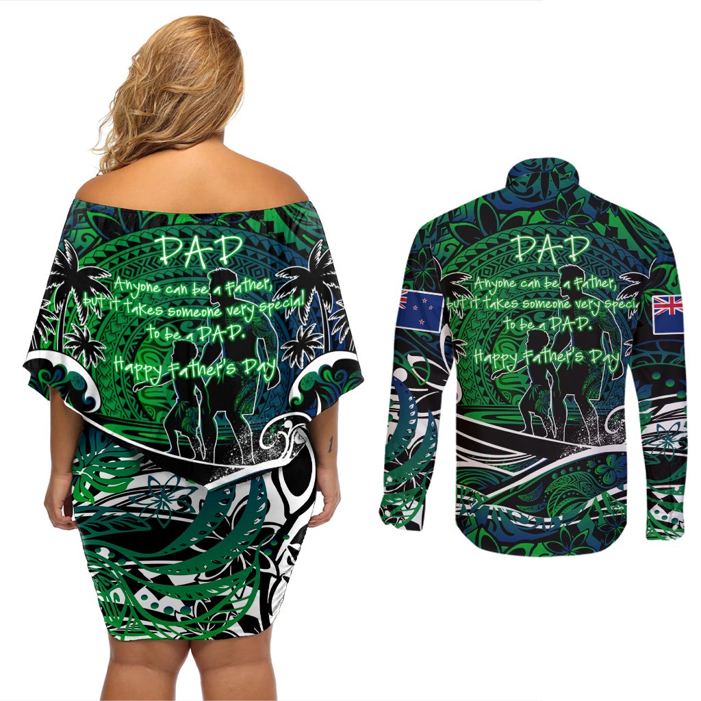 Father's Day New Zealand Couples Matching Off Shoulder Short Dress and Long Sleeve Button Shirt Special Dad Polynesia Paradise DT02 - Polynesian Pride