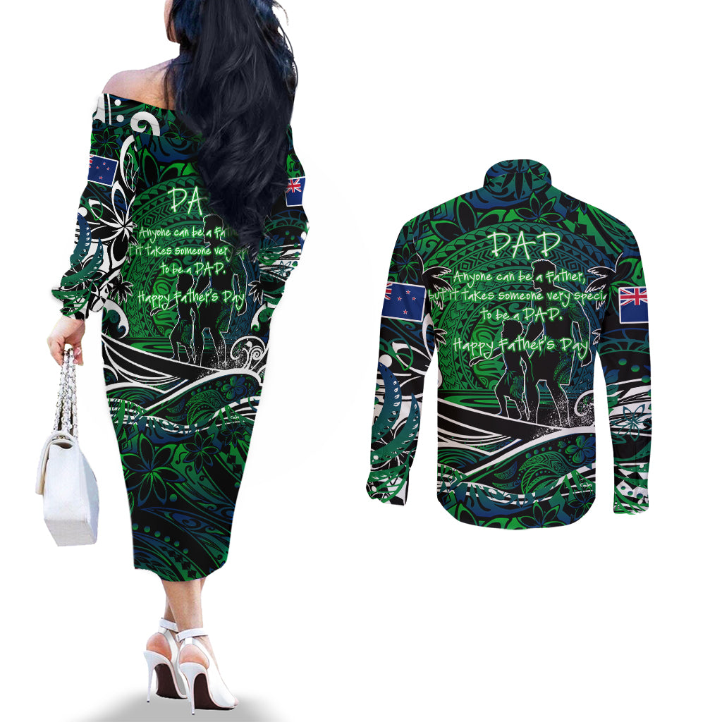 Father's Day New Zealand Couples Matching Off The Shoulder Long Sleeve Dress and Long Sleeve Button Shirt Special Dad Polynesia Paradise DT02 - Polynesian Pride