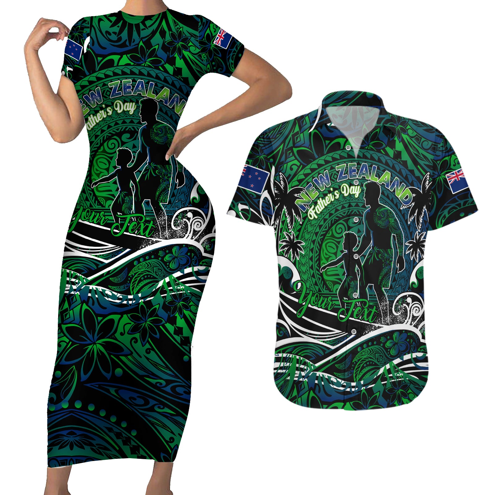 Father's Day New Zealand Couples Matching Short Sleeve Bodycon Dress and Hawaiian Shirt Special Dad Polynesia Paradise