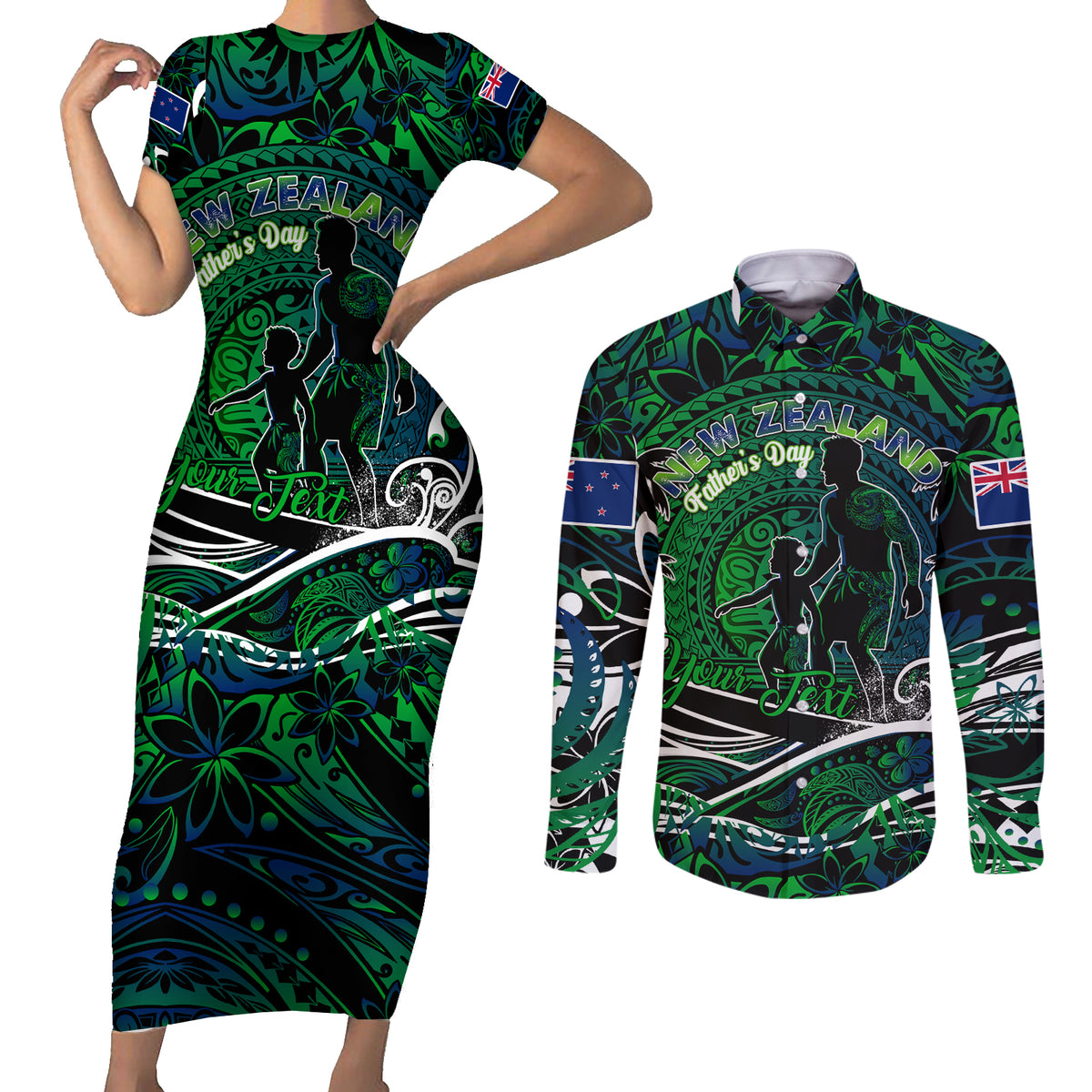 Father's Day New Zealand Couples Matching Short Sleeve Bodycon Dress and Long Sleeve Button Shirt Special Dad Polynesia Paradise DT02 Green - Polynesian Pride