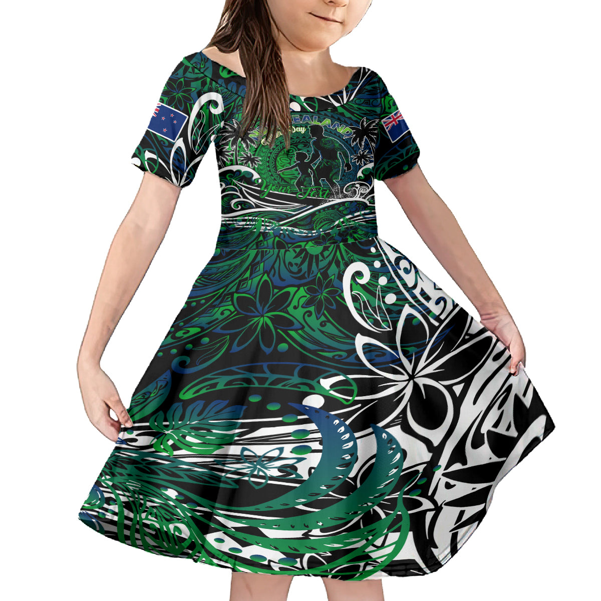 Father's Day New Zealand Family Matching Off Shoulder Maxi Dress and Hawaiian Shirt Special Dad Polynesia Paradise DT02 Daughter's Dress Green - Polynesian Pride