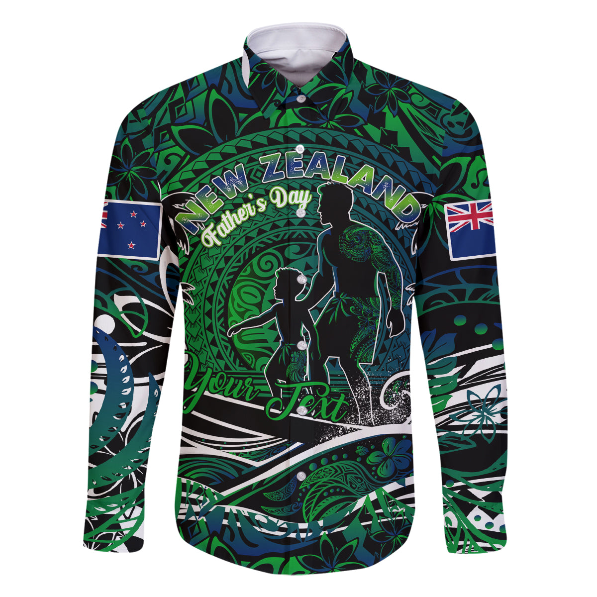 Father's Day New Zealand Family Matching Tank Maxi Dress and Hawaiian Shirt Special Dad Polynesia Paradise DT02 Dad's Shirt - Long Sleeve Green - Polynesian Pride