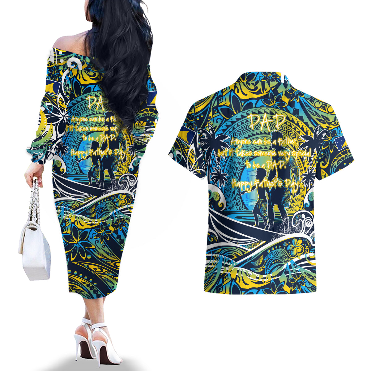 Father's Day Tokelau Couples Matching Off The Shoulder Long Sleeve Dress and Hawaiian Shirt Special Dad Polynesia Paradise