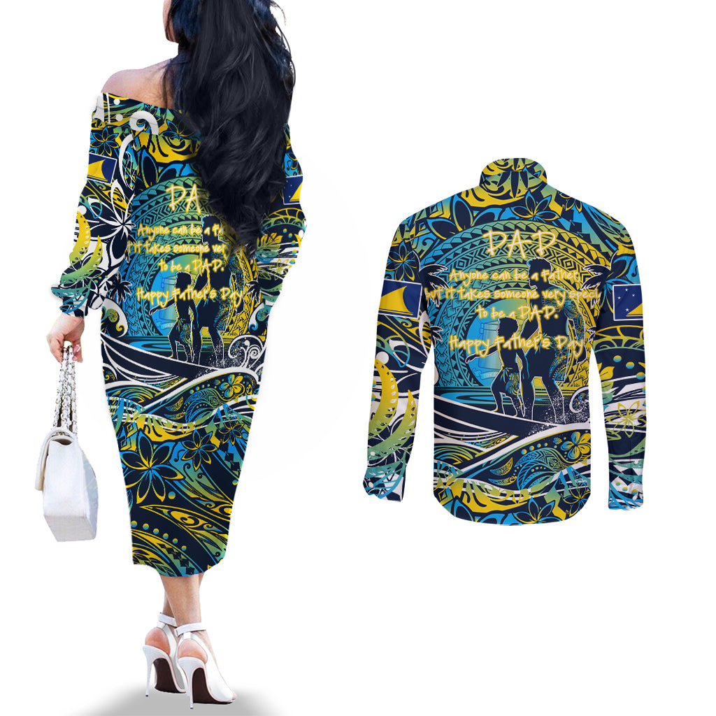 Father's Day Tokelau Couples Matching Off The Shoulder Long Sleeve Dress and Long Sleeve Button Shirt Special Dad Polynesia Paradise