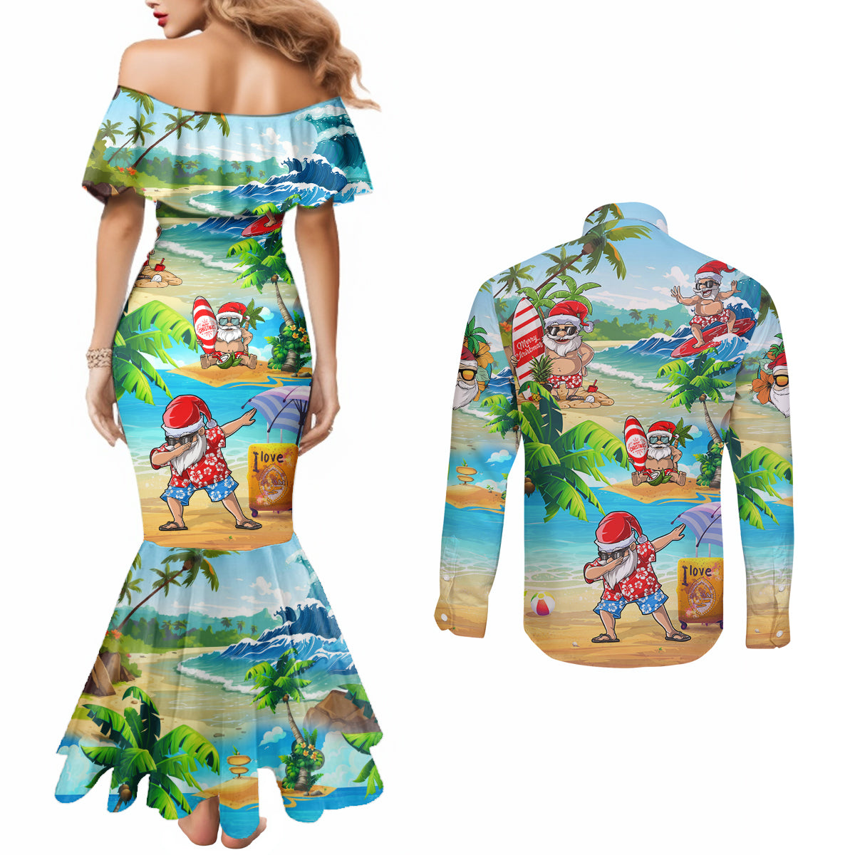 Guam Christmas Couples Matching Mermaid Dress and Long Sleeve Button Shirts Santa Claus Beach and Wave DT02 - Polynesian Pride