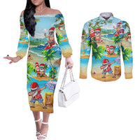 Guam Christmas Couples Matching Off The Shoulder Long Sleeve Dress and Long Sleeve Button Shirts Santa Claus Beach and Wave DT02 Art - Polynesian Pride
