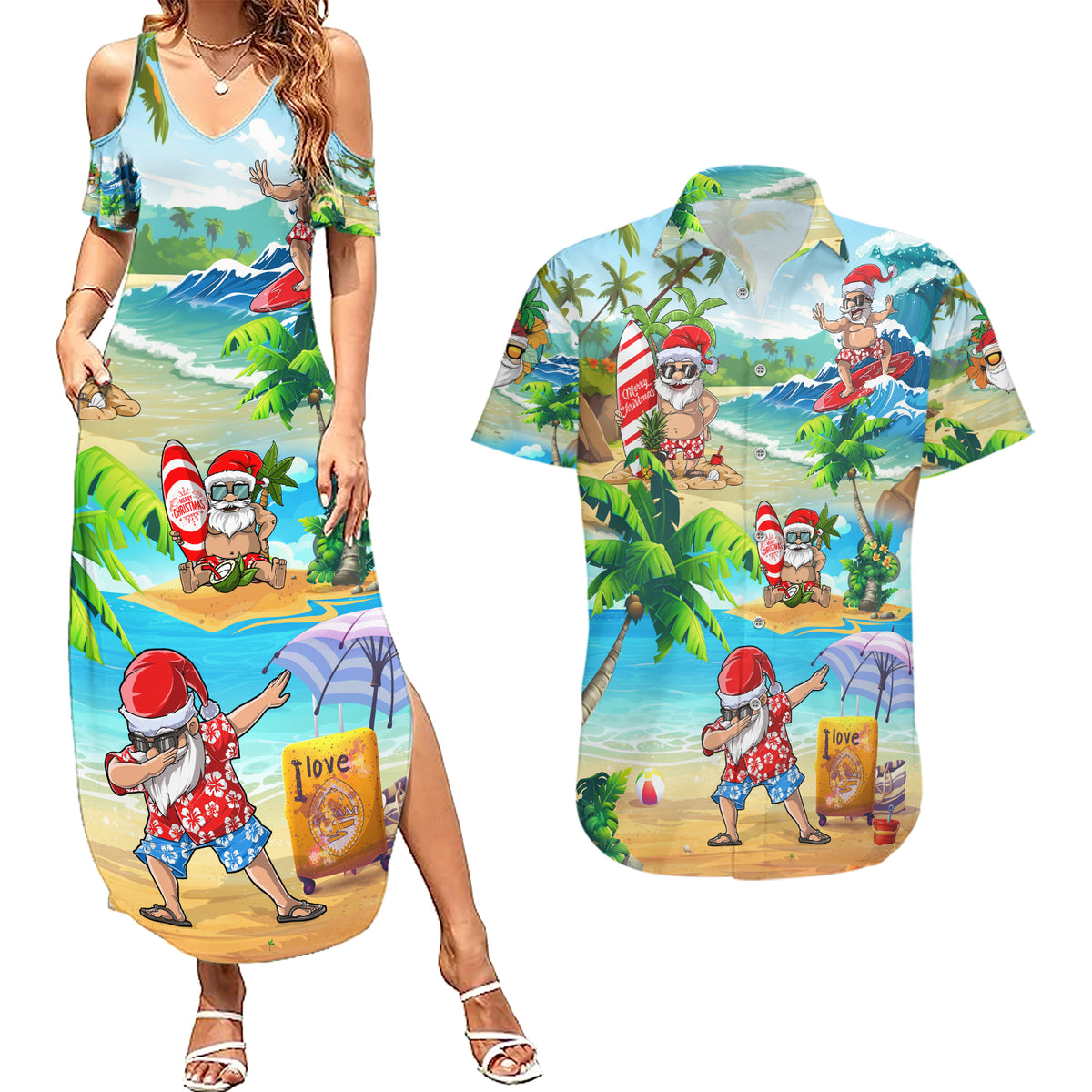 Guam Christmas Couples Matching Summer Maxi Dress and Hawaiian Shirt Santa Claus Beach and Wave DT02 Art - Polynesian Pride