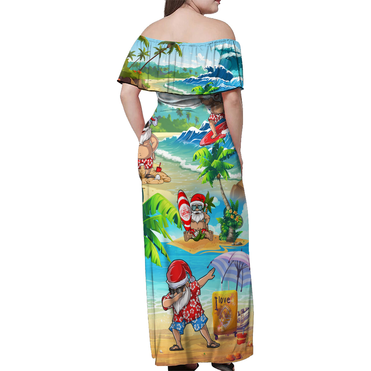 Guam Christmas Family Matching Off Shoulder Maxi Dress and Hawaiian Shirt Santa Claus Beach and Wave DT02 - Polynesian Pride