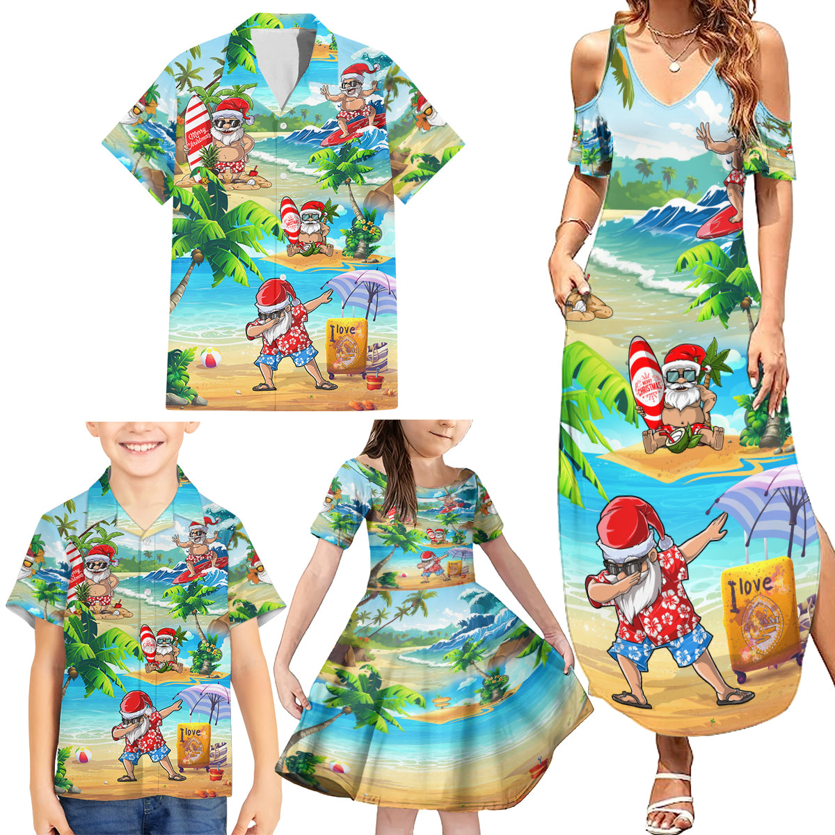 Guam Christmas Family Matching Summer Maxi Dress and Hawaiian Shirt Santa Claus Beach and Wave DT02 - Polynesian Pride