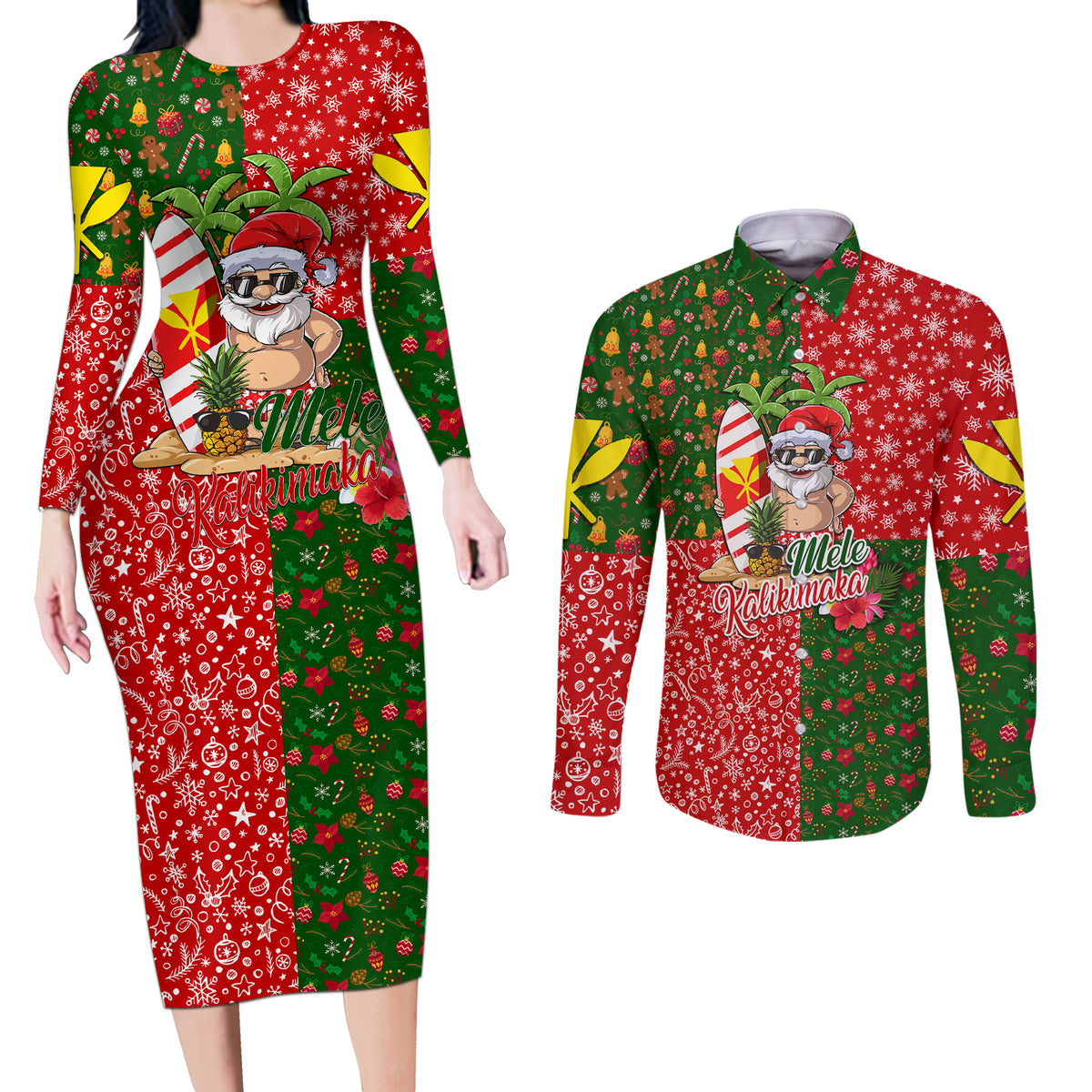 Hawaii Christmas Couples Matching Long Sleeve Bodycon Dress and Long Sleeve Button Shirts Mele Kalikimaka Kanaka Maoli DT02 Art - Polynesian Pride