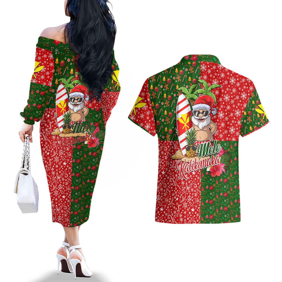 Hawaii Christmas Couples Matching Off The Shoulder Long Sleeve Dress and Hawaiian Shirt Mele Kalikimaka Kanaka Maoli DT02 - Polynesian Pride