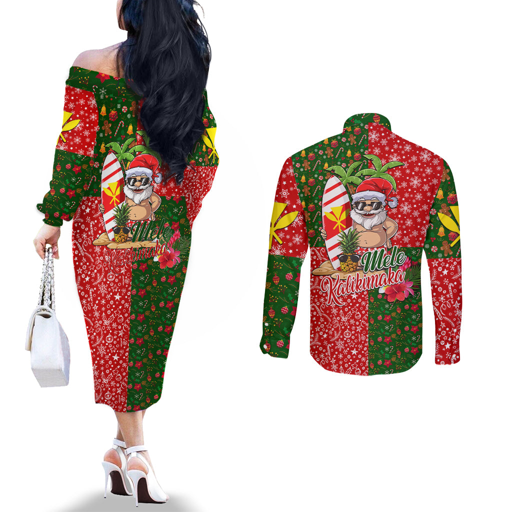 Hawaii Christmas Couples Matching Off The Shoulder Long Sleeve Dress and Long Sleeve Button Shirts Mele Kalikimaka Kanaka Maoli DT02 - Polynesian Pride