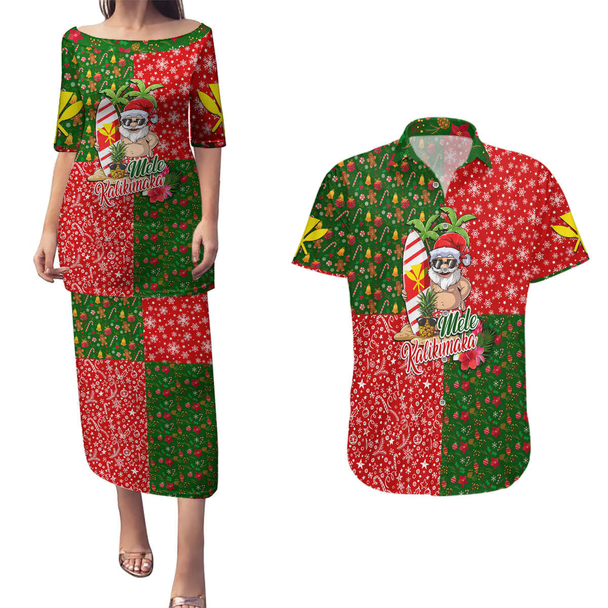 Hawaii Christmas Couples Matching Puletasi Dress and Hawaiian Shirt Mele Kalikimaka Kanaka Maoli DT02 Art - Polynesian Pride